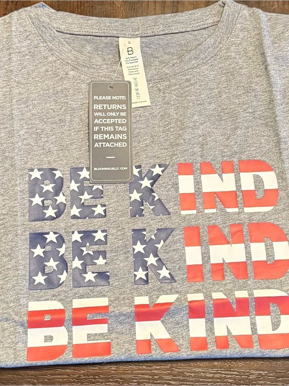 Bloomingdale's Grey 'BE KIND' Tee with Stars & Stripes Print